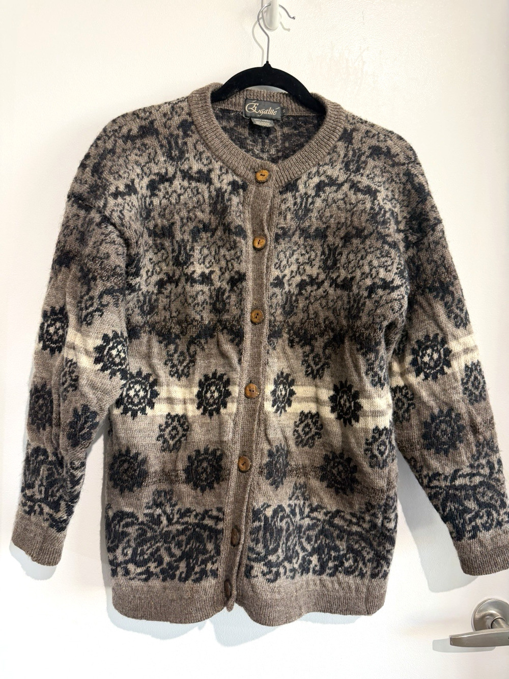 Wool Sweater Cardigan Vintage ‘80’s made in England Fair Isle Pattern Brown Sz S